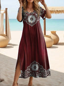 Elegant Summer Plus Size V-Neck Butterfly Print Dress - Split Hem Short Sleeve Women's Fashion