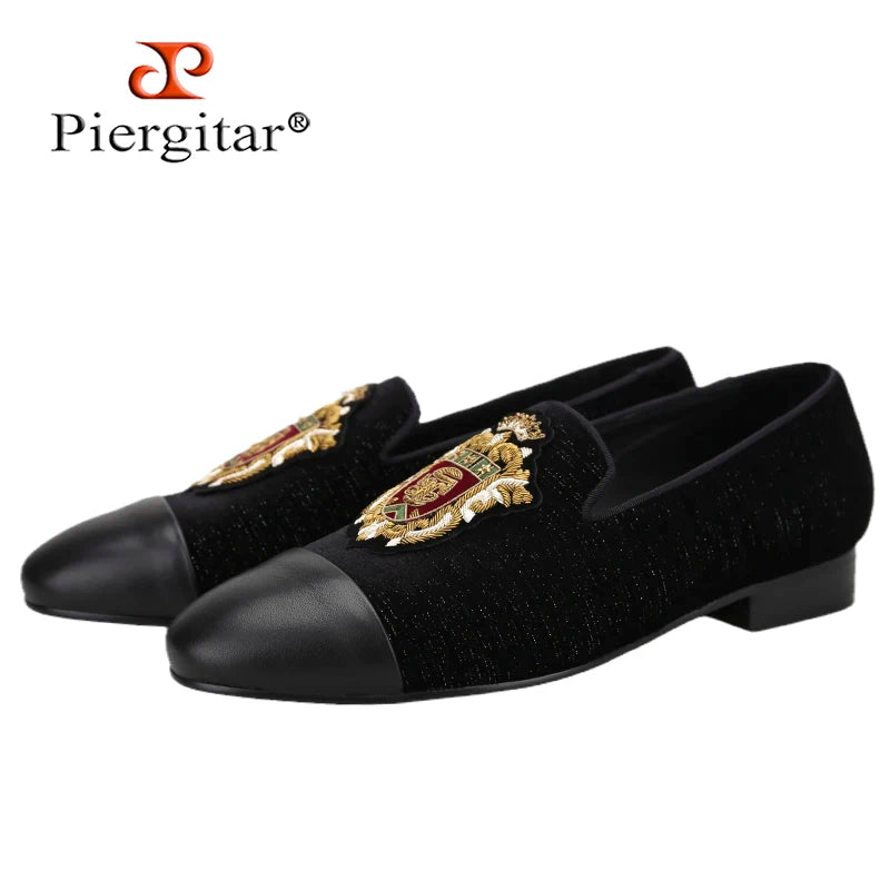 Piergitar 2022 New British Style Retro Embroidered Patch Men's Loafers Handmade Leather Stitching Velvet Moccasins Slip-On Shoes