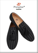 Piergitar 2022 New Striped Design Oxford Fabric Men Slip-On Shoes Handmade Tassel Men's Loafers Classic Male Smoking Slippers
