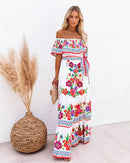 2024 Spring/Summer New Women Retro Fashion One Shoulder Red Flower Printed Waist Collection Long Style Large Swing Casual Dress
