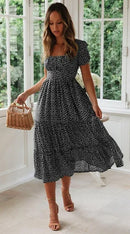 Sexy Square Collar Short Puff Sleeve Chiffon Floral Print Boho Party Dress Summer Women Beachwear Sand Vestidos CKFZ-3474