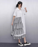 Ruffle Decoration New 2025 Summer Korean Style Woman Black Shirt Dress Loose Fit Chic Big Size Casual Holiday Dress Robe JKXD002