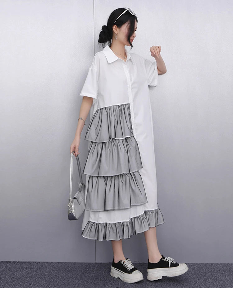 Ruffle Decoration New 2025 Summer Korean Style Woman Black Shirt Dress Loose Fit Chic Big Size Casual Holiday Dress Robe JKXD002