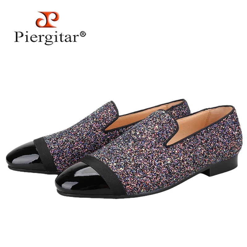 Piergitar Flash Purple Sequined Canvas Slippers With Patent Leather Toes Handmade Men Moccasins For Party And Wedding Plus Size