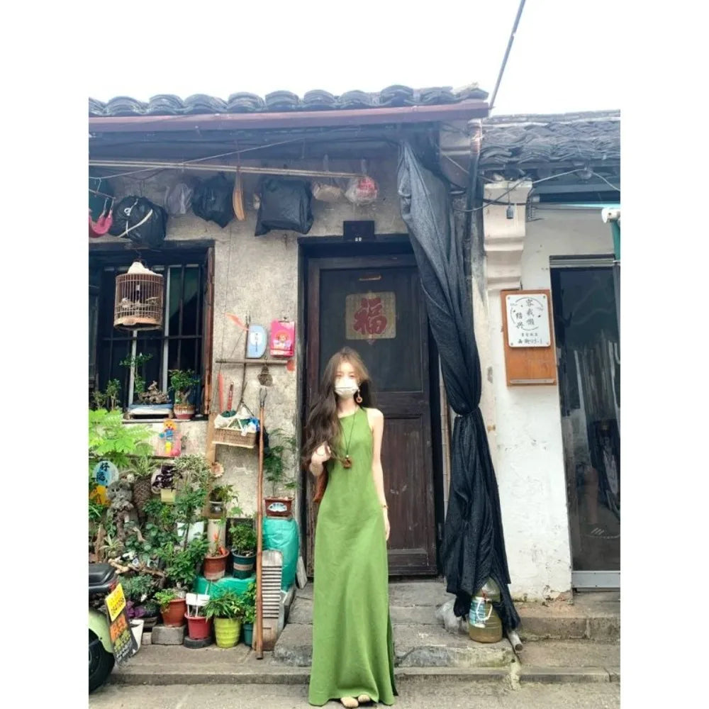 Ramie Linen Slip Dress 2025 Summer Women Sleeveless Maxi Dress Organic Minimalist Aesthetic Waist Defined Sustainable ResortWear