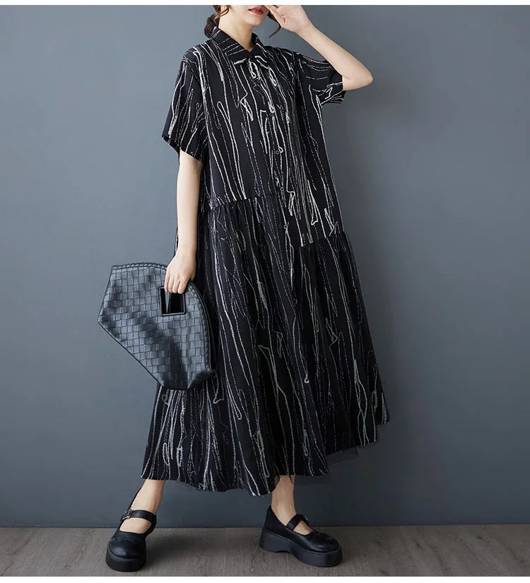 Stripe Print Mid Length Buttoned Midi Dress