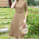 Summer Dress Women V-neck Short Sleeve Solid Pleated