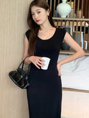 Women's Sleeveless Knit Black Maxi Dress – Elegant Slim Fit Bodycon Summer Long Dress Chic Viscose Old Money Style