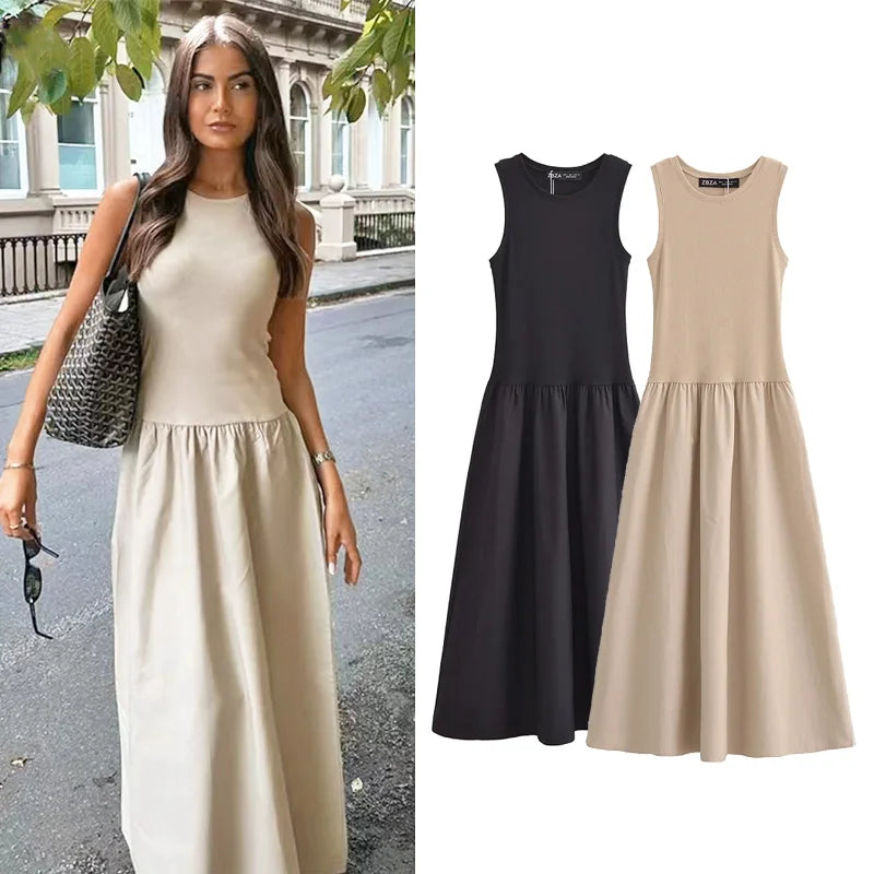 Khaki Elegant Long dresses 2025 Women's spring Sleeveless black dresses