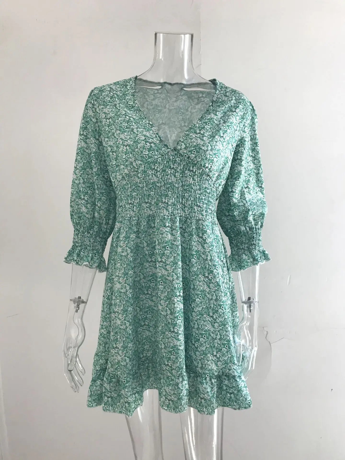 New Mid length Dress Waist Pullover Bohemian Printed Short Sleeve Fragmented Flower Dress
