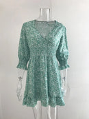 New Mid length Dress Waist Pullover Bohemian Printed Short Sleeve Fragmented Flower Dress