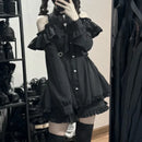 Y2k Aesthetic Lolita Style Bow Dress Shorts Set Japanese Women Gothic Lace Flare Sleeve Button Shirt Dress Punk Party Mini Dress