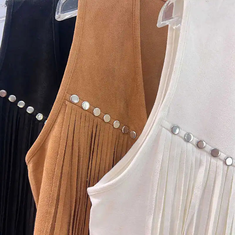 Retro Western Cowboy Style Soft Suede Tassel Vest Spring Autumn Sleeveless Cardigan Women Casual Waistcoat Sweetwear