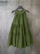 ZANZEA Summer Halter Sleeveless Tiered Dress Women Korean Ruffle Patchwork Robe 2024 Beach O-neck Loose Sundress Sweety Vestidos