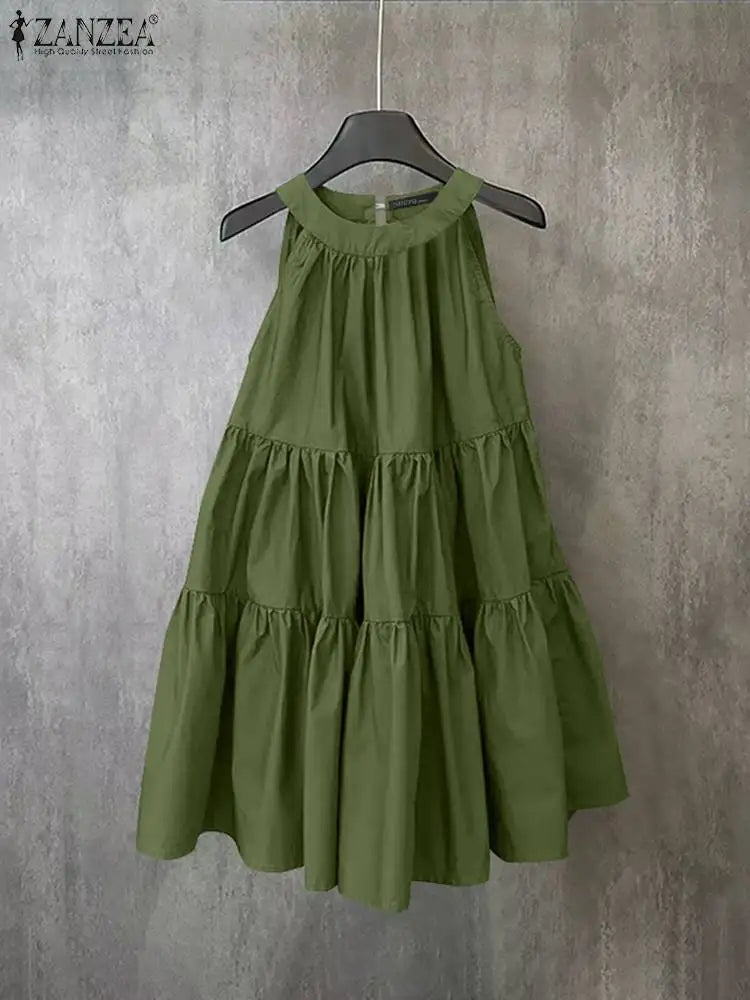 ZANZEA Summer Halter Sleeveless Tiered Dress Women Korean Ruffle Patchwork Robe 2024 Beach O-neck Loose Sundress Sweety Vestidos