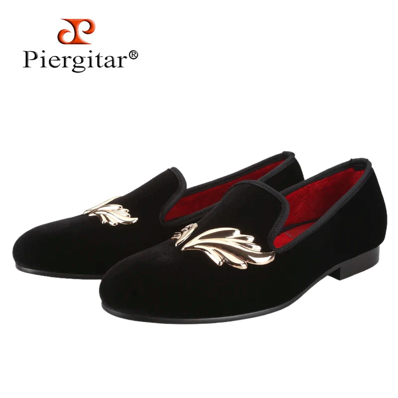 Piergitar Handcraft Black Velvet Slip-On Shoes With Gold Wings Metal Buckles For Wedding And Prom Classic Style Men's Loafers