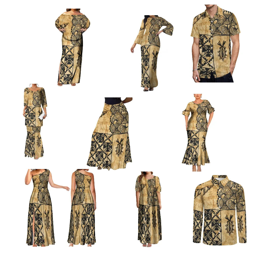 Tribal Peoples Polynesian Custom Couple Banquet Dress Women'S Elegant Dress Men'S Fashion Shirt Samoa Club Women'S Long Dress