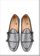 The New Style Square Glittering Silver Belgian Loafers with Double-Monk Moccs Handmade in GuangZhou