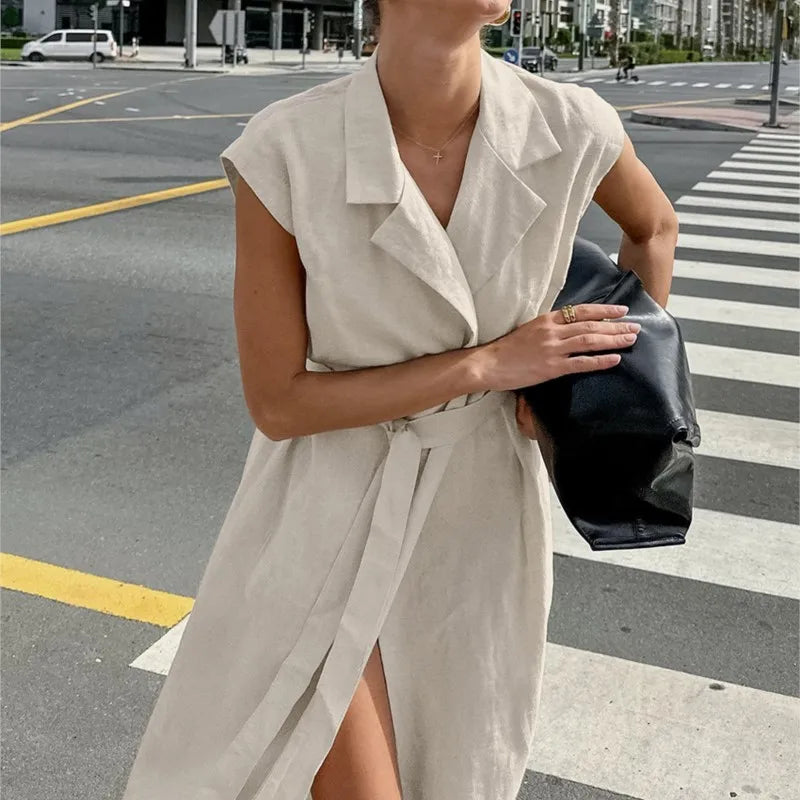 2025 Autumn New Style Commuter Long Skirt For Women Elegant Fashionable Solid Color Lapel Sleeveless High Waist Lace-up Dress