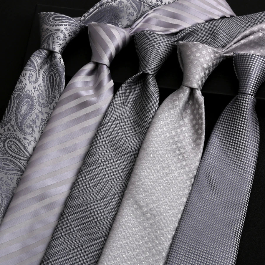 Fashion 8CM Mens Necktie Silver Light Grey Color Stripes Floral Plaid Ties For Man Groom Neck Tie For Business Wedding Party