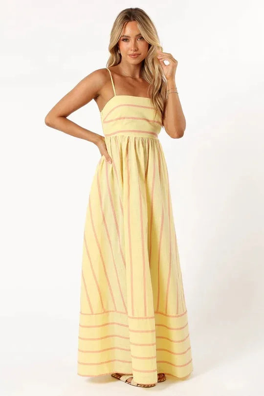 Spring And Summer Striped Vest Backless Large Swing New Dress For Women, Collarless And Sleeveless Oversized Swing Dress