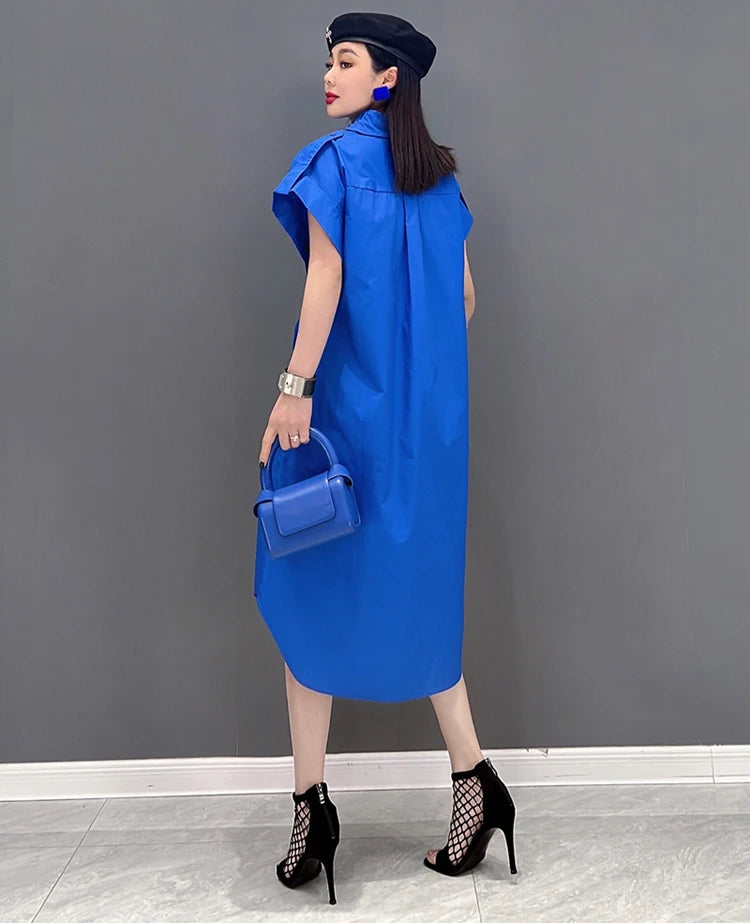 Extra Sleeves Decorated New 2025 Summer Korean Style Woman Purple Shirt Dress Loose Fit Chic Unique Big Size Casual Robe JKXD005
