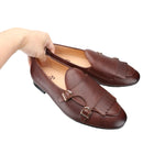 Piergitar 2023 Dark Brown Nappa Calfskin Double-Monk Belgian Loafers With Fringes And Metal Buckles Slip-On Men Smoking Slippers