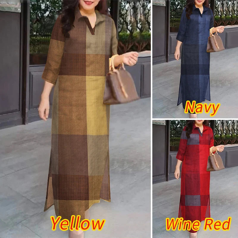 Women Dresses 2025 Vintage Plaid Checked Sundress Lapel Neck 3/4 Sleeve