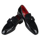 Piergitar Black Patent Leather Patchwork Velvet Men's Loafers Handmade Bow Tie Moccasins British Classic Style Smoking Slippers