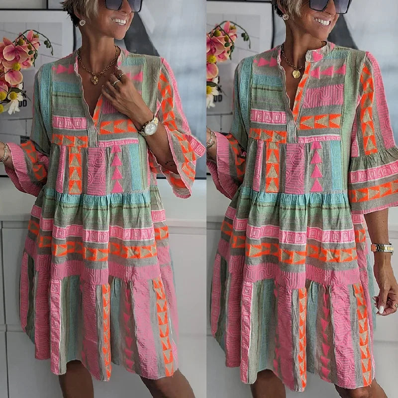 Women V Neck Three Quarter Sleeve Pullover Dress