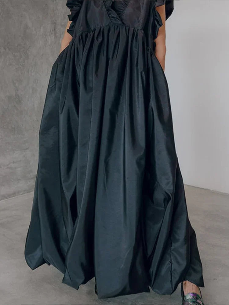 Women's Pleated A-line Ruffle Pockets Vintage Casual Fashion V-Neck Summer dress