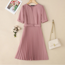Summer Dress Women V-neck Short Sleeve Solid Pleated