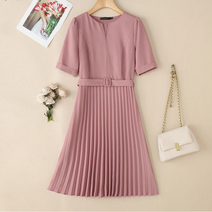 Summer Dress Women V-neck Short Sleeve Solid Pleated