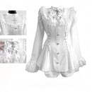 Y2k Aesthetic Lolita Style Bow Dress Shorts Set Japanese Women Gothic Lace Flare Sleeve Button Shirt Dress Punk Party Mini Dress