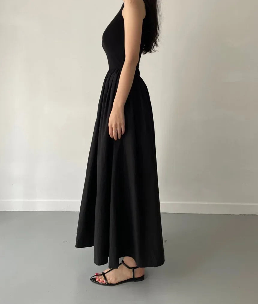 Simple Elegant Long Black Dresses For Woman Round Neck Sleeveless Low Waist