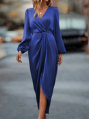 Women's 2025 new long dress; elegant round-neck silk satin long sleeves; midi dress for ladies; sexy dress; street fashionbe.