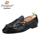 Piergitar 2023 Dark Brown Nappa Calfskin Double-Monk Belgian Loafers With Fringes And Metal Buckles Slip-On Men Smoking Slippers