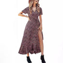 2025 Summer Women's Short-sleeved Dress V-neck Floral High Waist Slim and Stylish Bohemian Pleated Long Skirt