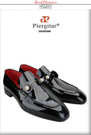 Piergitar Black Patent Calf Leather Men's Loafers With Silver Balls Crystals Buckles Handmade Moccasins For Wedding Or Prom Wear