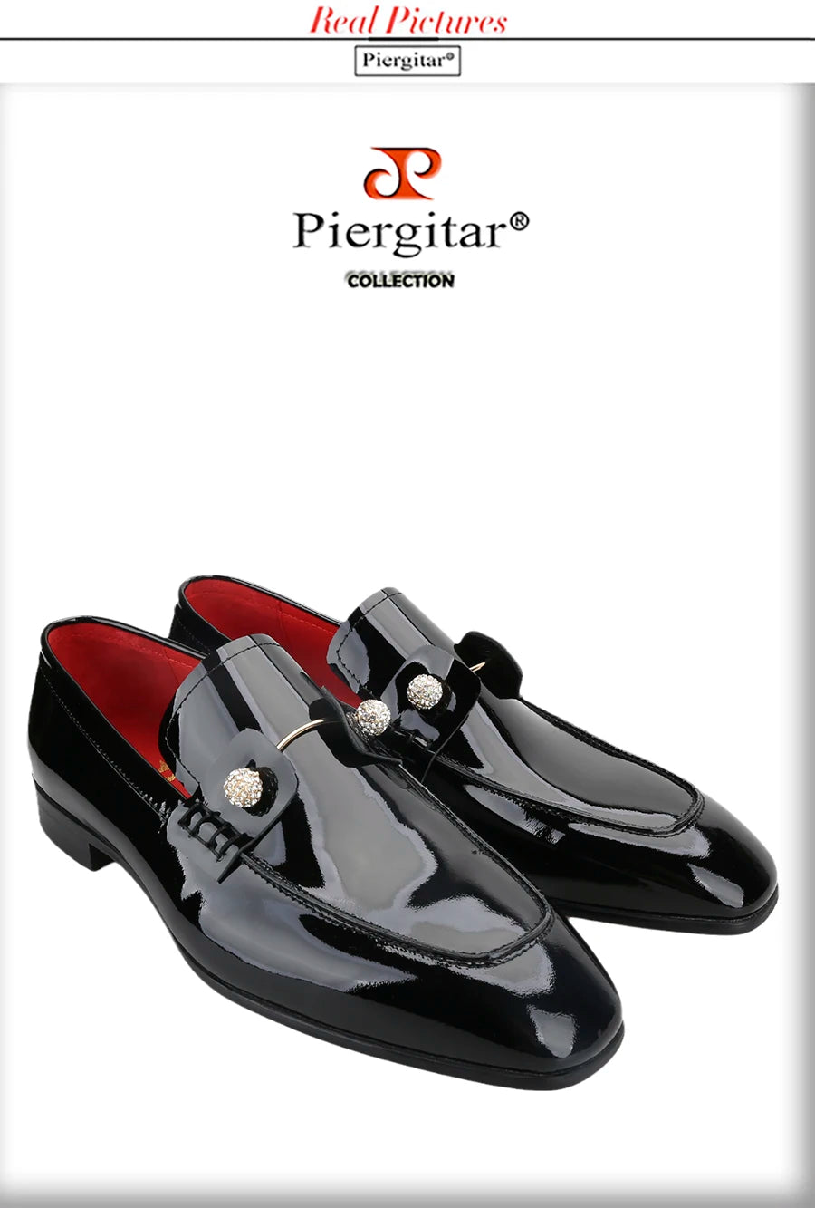 Piergitar Black Patent Calf Leather Men's Loafers With Silver Balls Crystals Buckles Handmade Moccasins For Wedding Or Prom Wear
