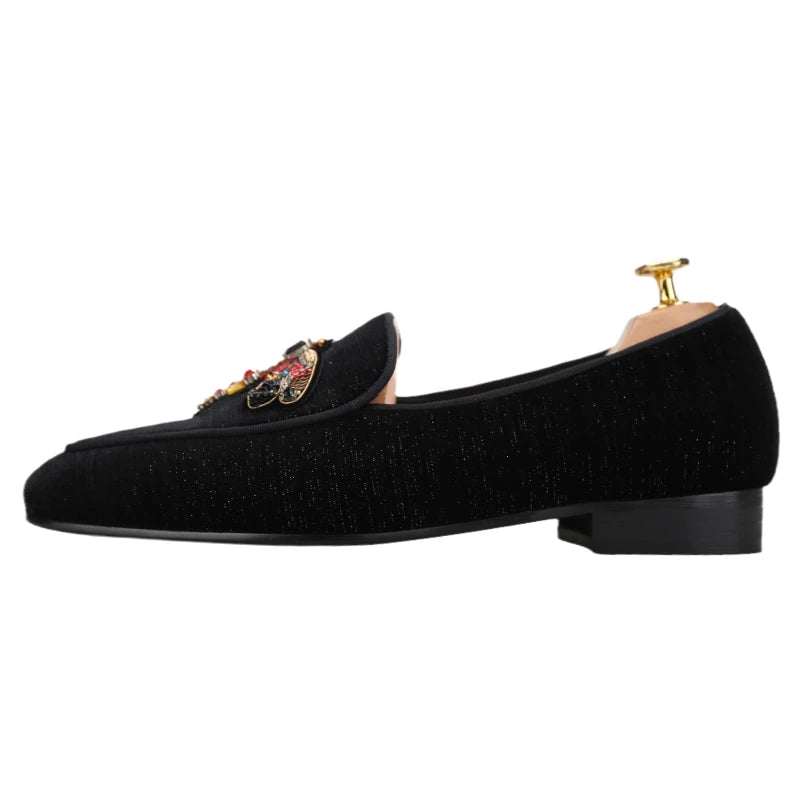 Piergitar 2022 Handmade Rhinestone Sequin Dragonfly Embroidered Patch Men's Loafers British Style Retro Moccasins Slip-On Shoes