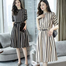 casual office lady dresses for women in a stripey short-sleeved midi dress