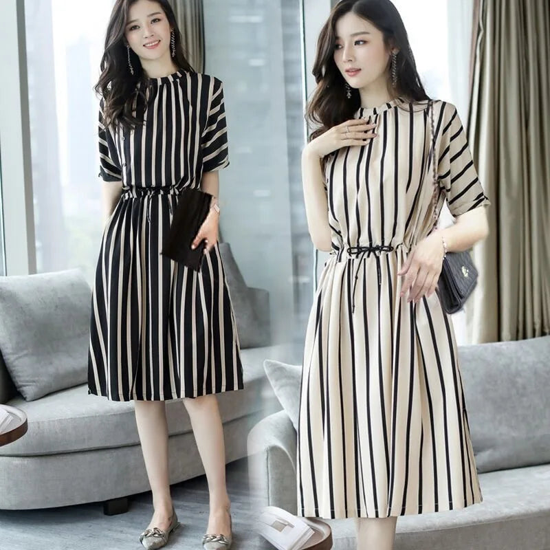 casual office lady dresses for women in a stripey short-sleeved midi dress