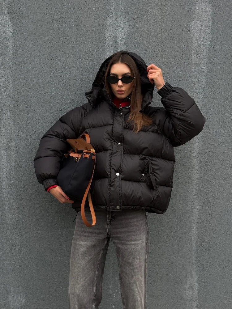 Warm Solid Hooded Down Jackets Fashion Oversized Solid Flush Zipper Breasted Cotton Coats 2025 Female New Winter Chic Outwear