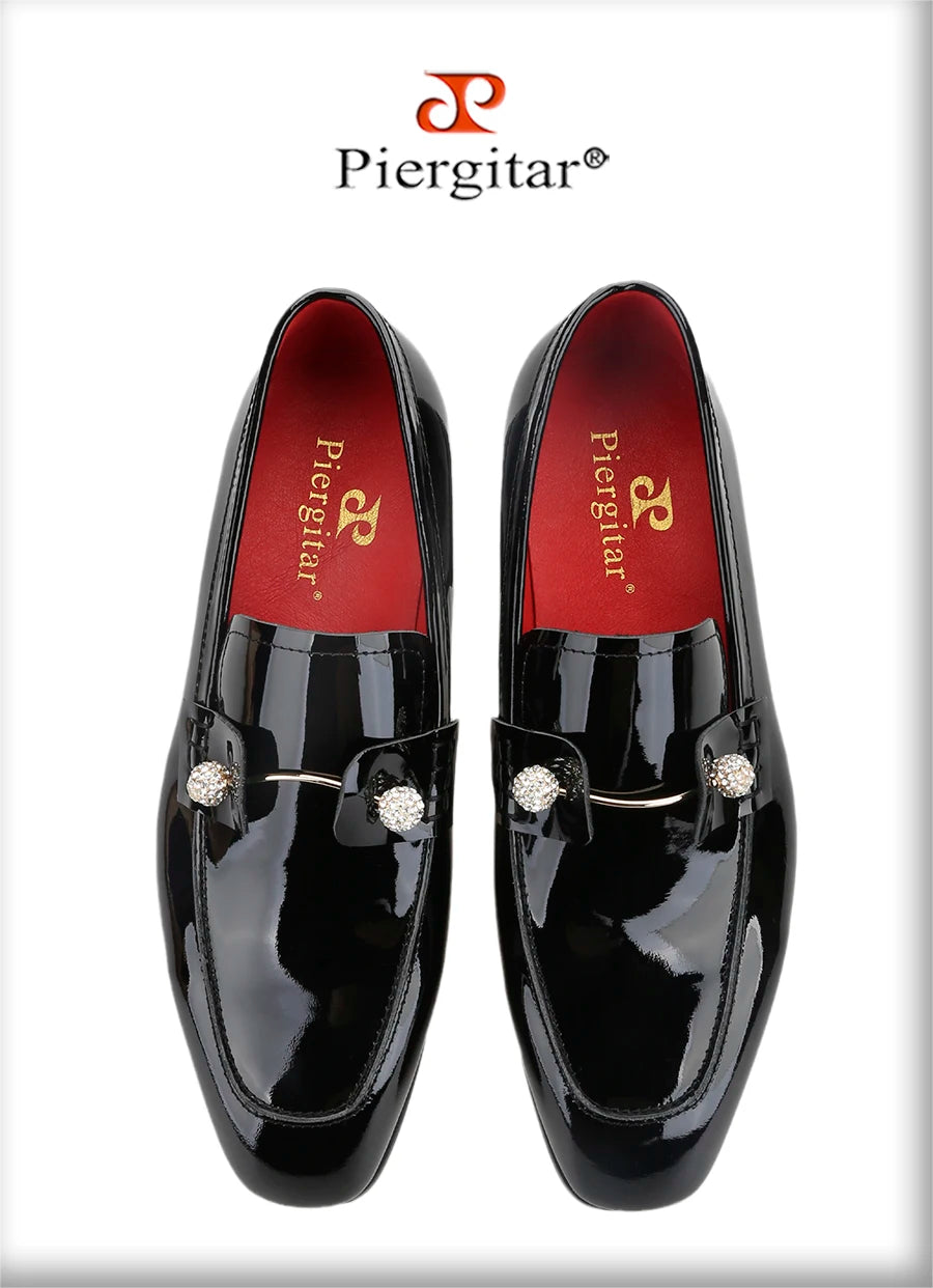 Piergitar Black Patent Calf Leather Men's Loafers With Silver Balls Crystals Buckles Handmade Moccasins For Wedding Or Prom Wear