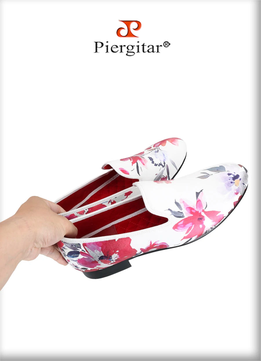 Piergitar White Color Fabric Of China Oil Painting Style Men's Loafers For Fashion Party And Wedding Handmade Slip-On Flats