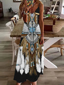 Women's Long Spaghetti Strap Tribal Pattern Dress