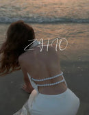 Backless Pearl Halter Ivory Satin Dress