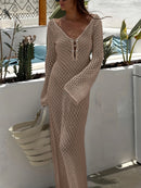 Sexy Women White Long Knit Sleeve Bikin Fashion Cover up Female See-Through Deep V-Neck Hollow-Out Beach Knitwear Backless Dress