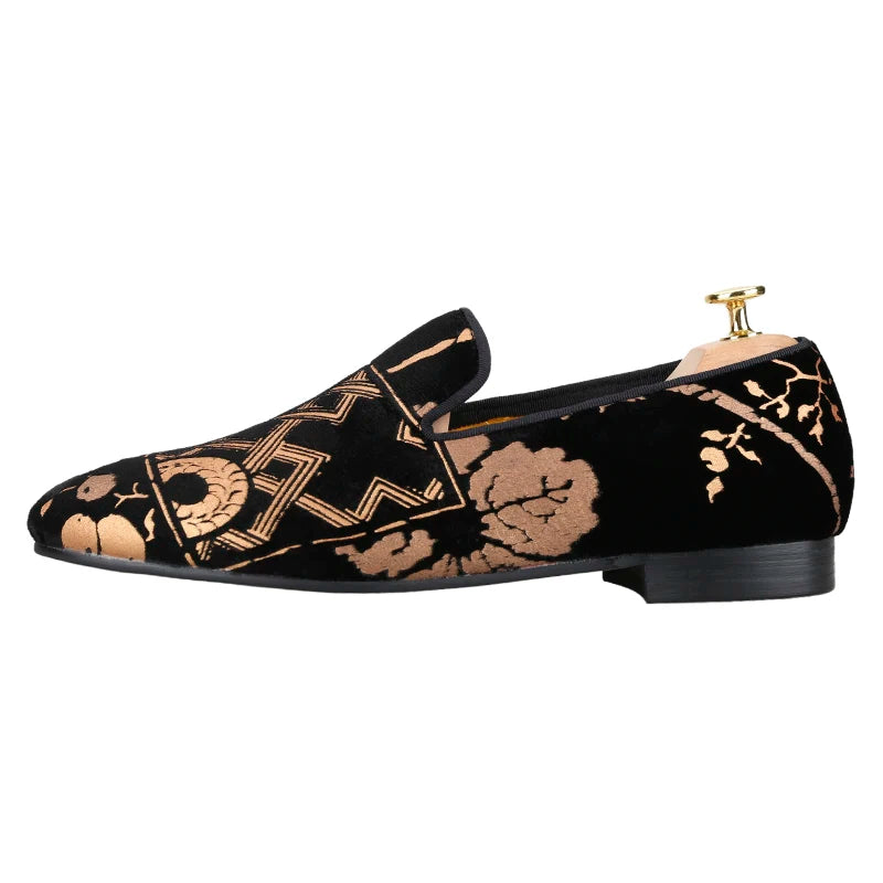 Customized Chinese style slip-on smoking shoes with gold totem print on black velvet.